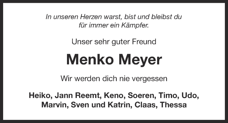  Traueranzeige für Menko Meyer vom 11.05.2016 aus 