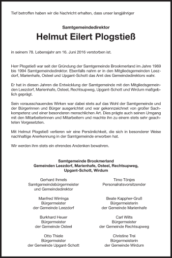 Traueranzeige von Helmut Plogstieß 