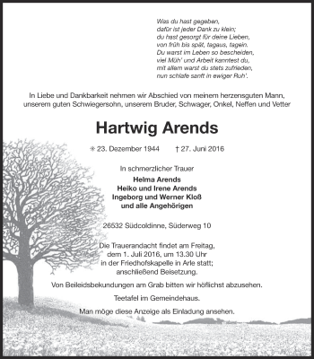 Traueranzeige von Hartwig Arends 