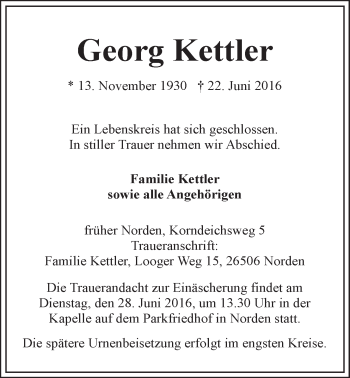 Traueranzeige von Georg Kettler 