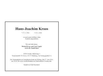 Traueranzeige von Hans-Joachim Kroos 