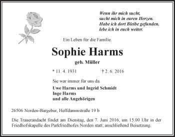 Traueranzeige von Sophie Harms 