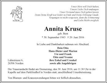 Traueranzeige von Annita Kruse 