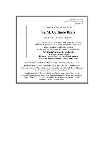 Traueranzeige von Gerlinde Bretz 