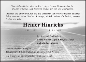 Traueranzeige von Heiner Hinrichs 