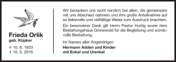 Traueranzeige von Frieda Orlik 