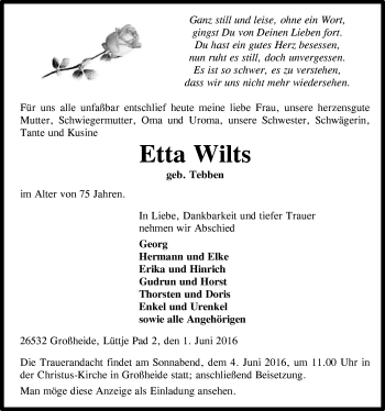 Traueranzeige von Etta Wilts 