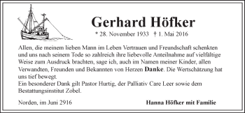 Traueranzeige von Gerhard Höfker 