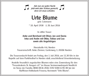 Traueranzeige von Urte Blume 