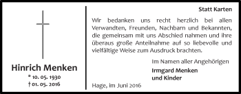 Traueranzeige von Hinrich Menken 