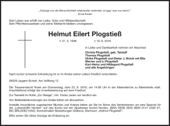 Traueranzeige von Helmut  Eilert Plogstieß 
