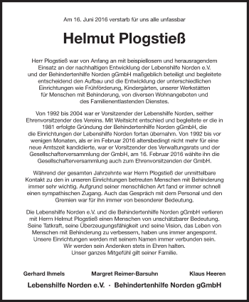 Traueranzeige von Helmut Plogstieß 