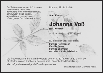 Traueranzeige von Johanna Voß 