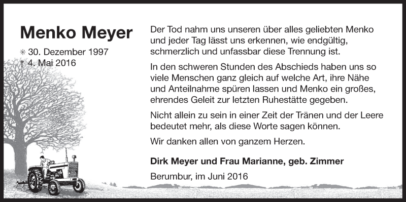  Traueranzeige für Menko Meyer vom 04.06.2016 aus 