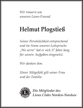 Traueranzeige von Helmut Plogstieß 
