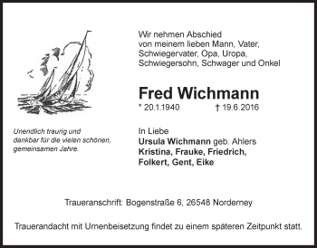 Traueranzeige von Fred Wichmann 