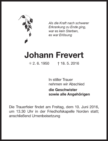 Traueranzeige von Johann  Frevert 