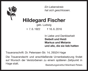Traueranzeige von Hildegard Fischer 