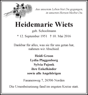 Traueranzeige von Heidemarie Wiets 