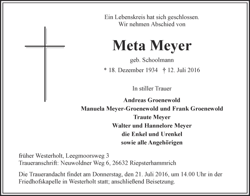  Traueranzeige für Meta Meyer vom 16.07.2016 aus 