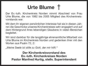 Traueranzeige von Urte Blume 