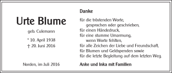 Traueranzeige von Urte Blume 
