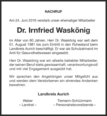 Traueranzeige von Irnfried Waskönig 