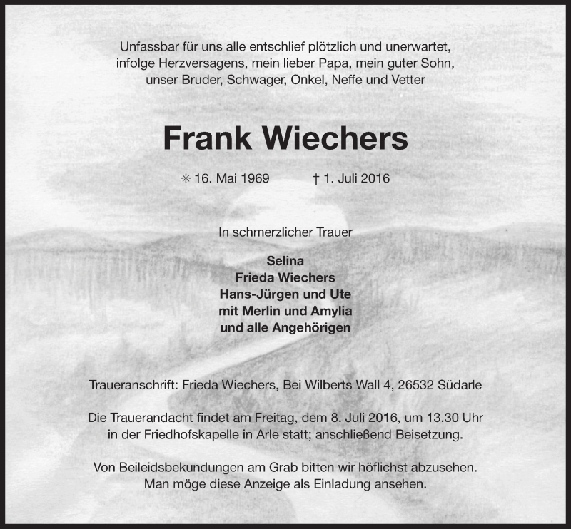  Traueranzeige für Frank Wiechers vom 06.07.2016 aus 