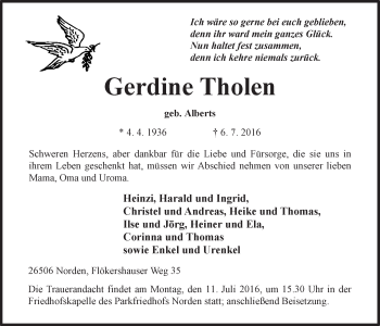 Traueranzeige von Gerdine Tholen 