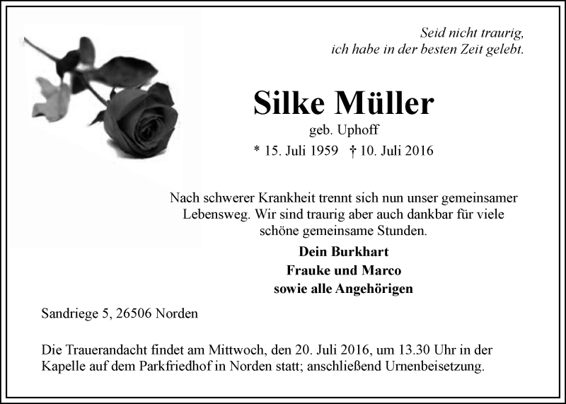 Traueranzeige für Silke Müller vom 16.07.2016 aus 
