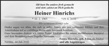 Traueranzeige von Heiner Hinrichs 