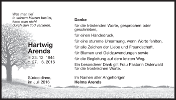 Traueranzeige von Hartwig Arends 
