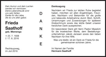 Traueranzeige von Frieda Saathoff 