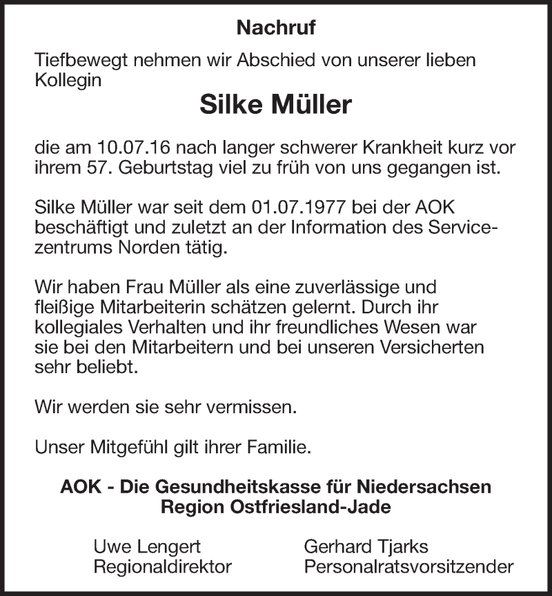  Traueranzeige für Silke Müller vom 18.07.2016 aus 