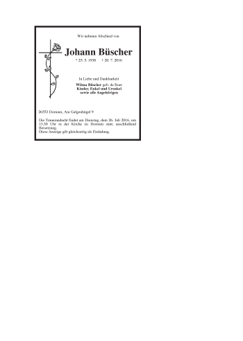 Traueranzeige von Johann Büscher 