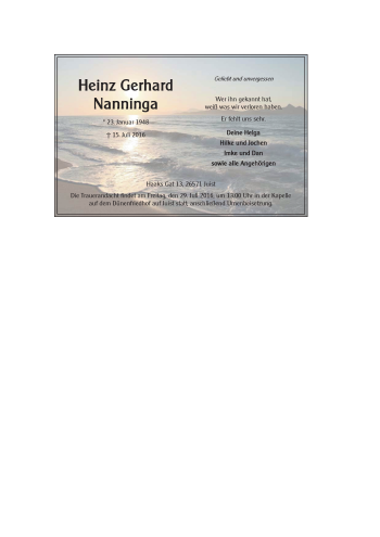 Traueranzeige von Heinz Gerhard Nanninga 
