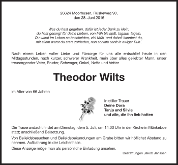 Traueranzeige von Theodor Wilts 