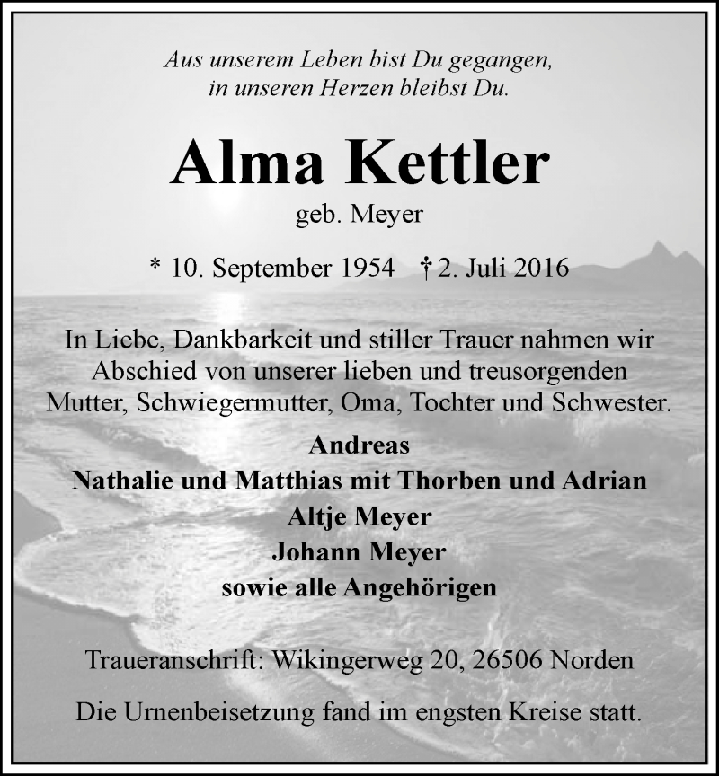  Traueranzeige für Alma Kettler vom 16.07.2016 aus 