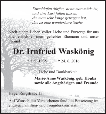 Traueranzeige von Irnfried Waskönig 