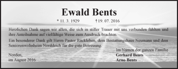 Traueranzeige von Ewald Bents 