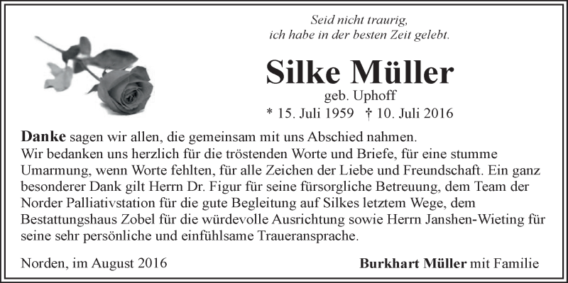  Traueranzeige für Silke Müller vom 20.08.2016 aus 