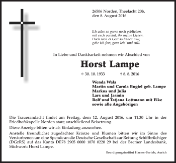 Traueranzeige von Horst Lampe 