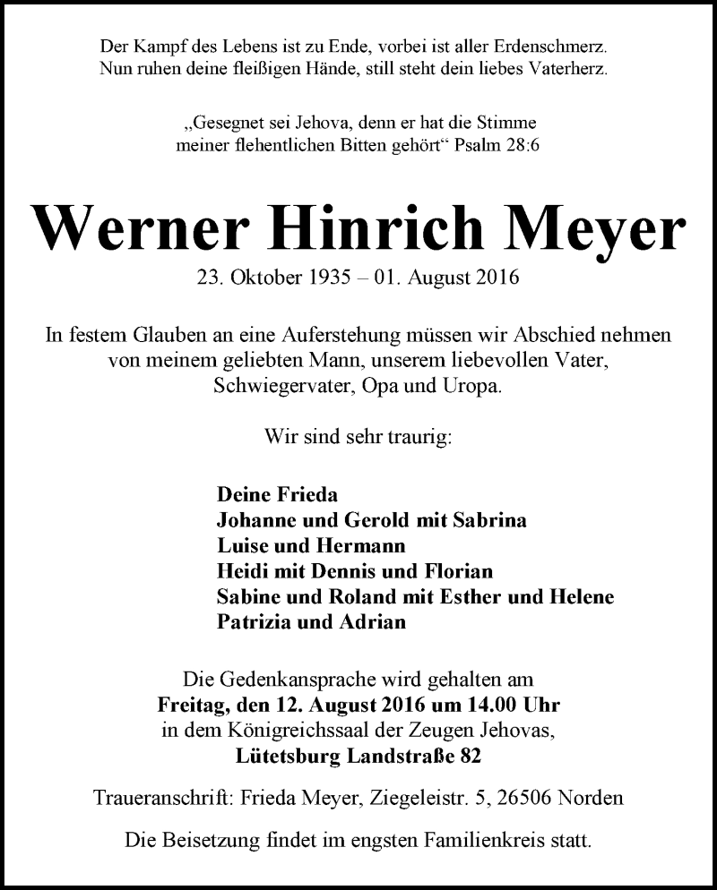  Traueranzeige für Werner Hinrich Meyer vom 06.08.2016 aus 