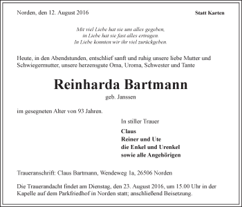 Traueranzeige von Reinharda Bartmann 