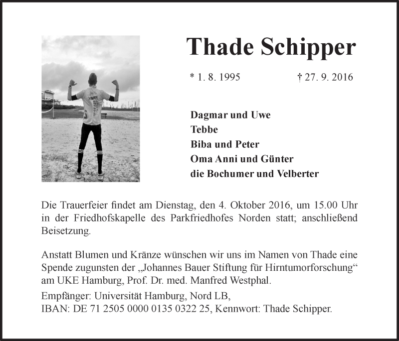  Traueranzeige für Thade Schipper vom 30.09.2016 aus 
