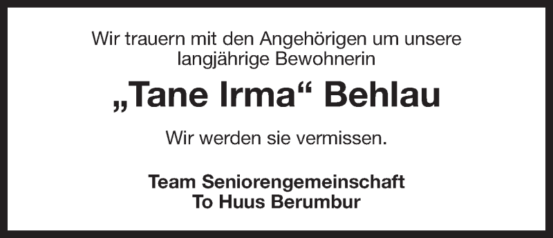  Traueranzeige für Irma Behlau vom 09.09.2016 aus 