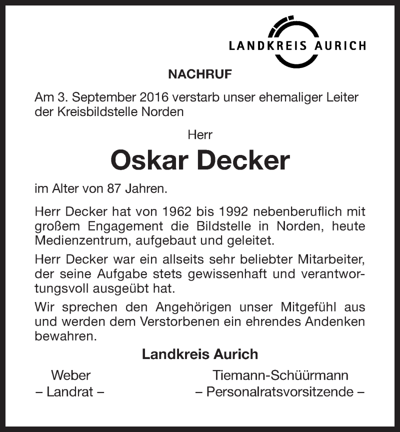  Traueranzeige für Oskar Decker vom 24.09.2016 aus 