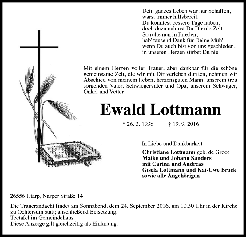  Traueranzeige für Ewald Lottmann vom 21.09.2016 aus 