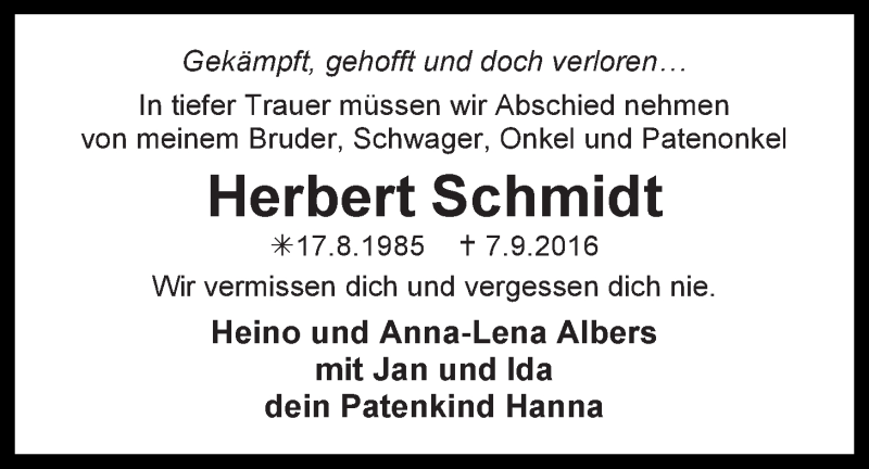  Traueranzeige für Herbert Schmidt vom 22.09.2016 aus 