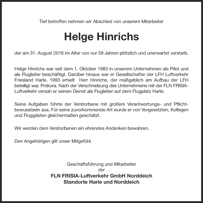  Traueranzeige für Helge Hinrichs vom 03.09.2016 aus 